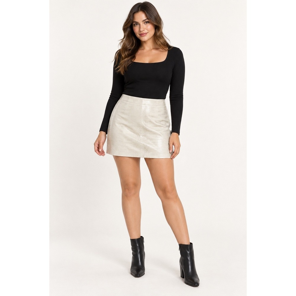 CI Sono Womens Faux Croc Embossed Vegan Leather Mini Skirt Ecru Size Large L